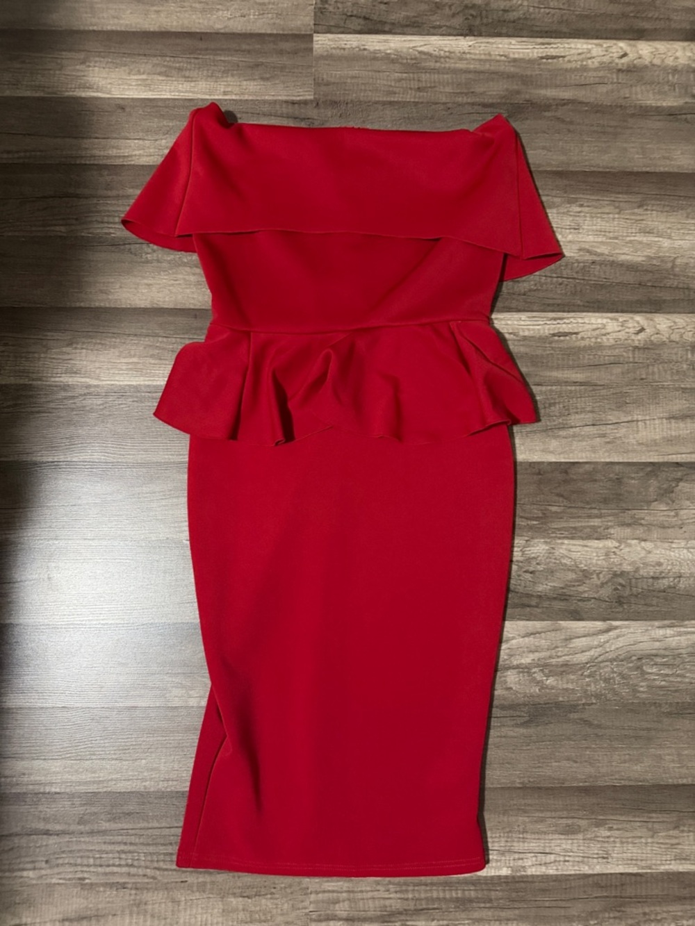 Off-Shoulder Peplum Midi Dress in Red